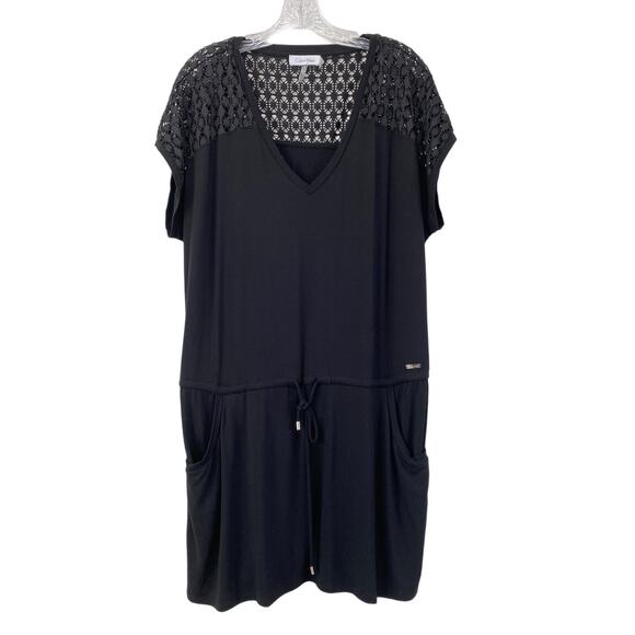 Calvin Klein Swimwear Black Crochet Trim Cover Up Dress Sz L/XL Pockets Resort - Picture 3 of 13